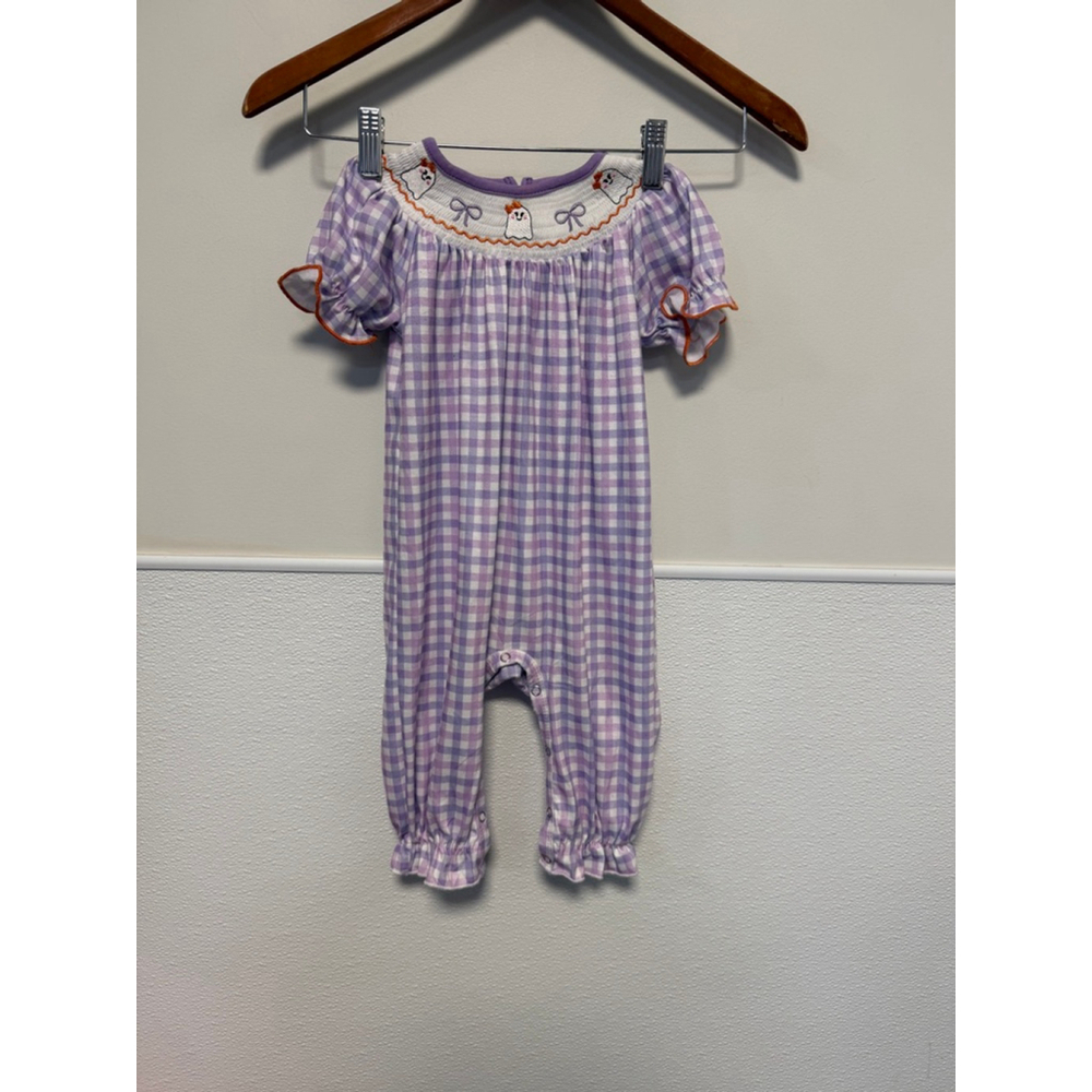 Baby Girl Jumpsuit & Romper 12 M Purple White Gingham Ghost Smocked Embroidered - Picture 1 of 7